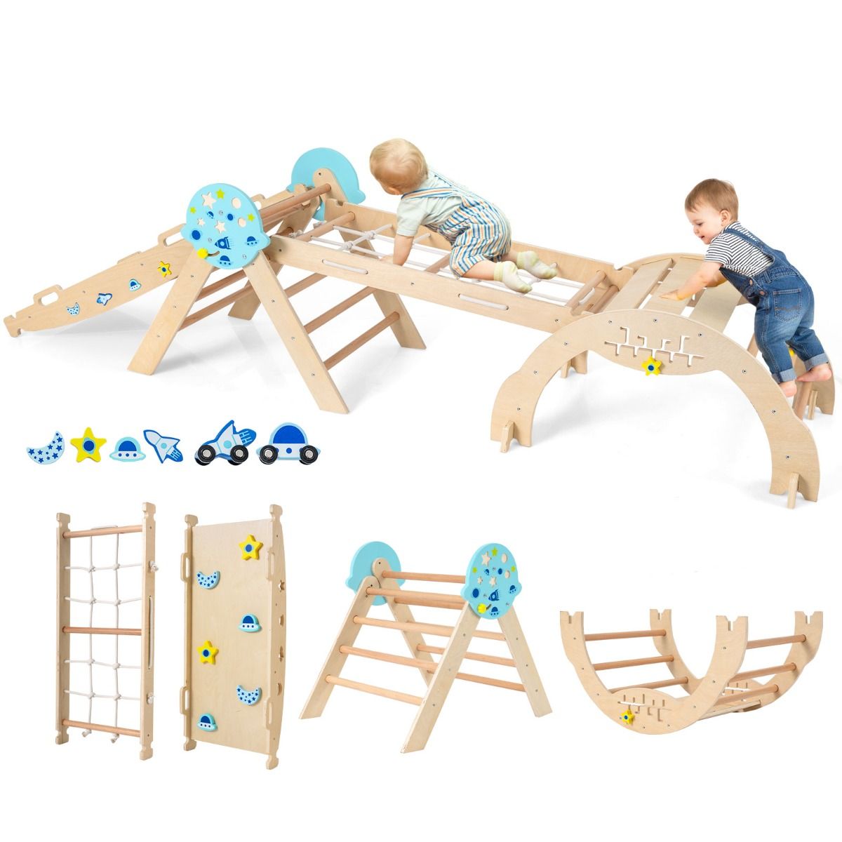 Coast Montessori Klettergerüst – 9-in-1-Spielgerät – zusammenklappbar – Naturfarben