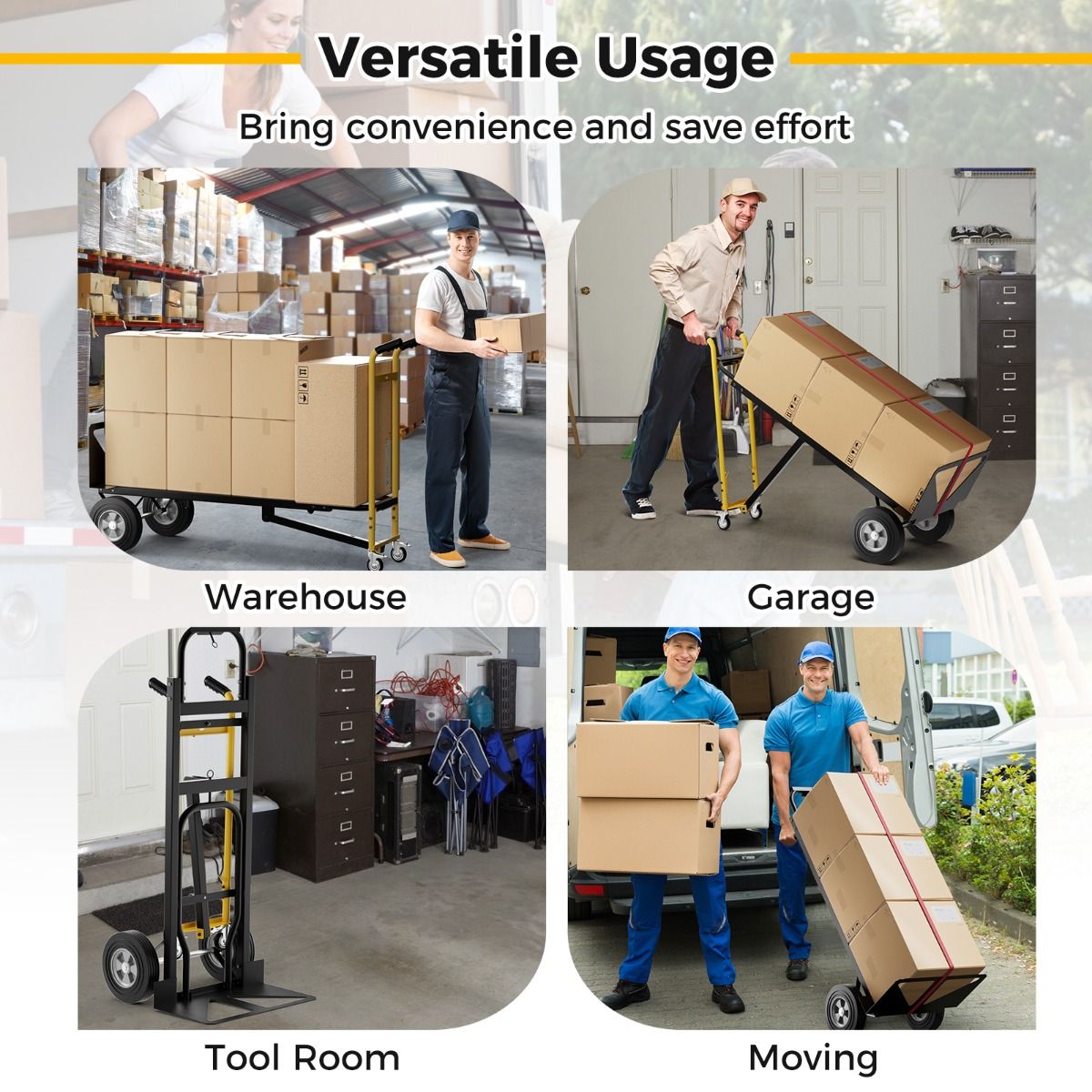Coast Faltbarer Transportwagen – 3-in-1-Handwagen – 4 Gummiräder – 450 kg Tragkraft – schwarz/gelb