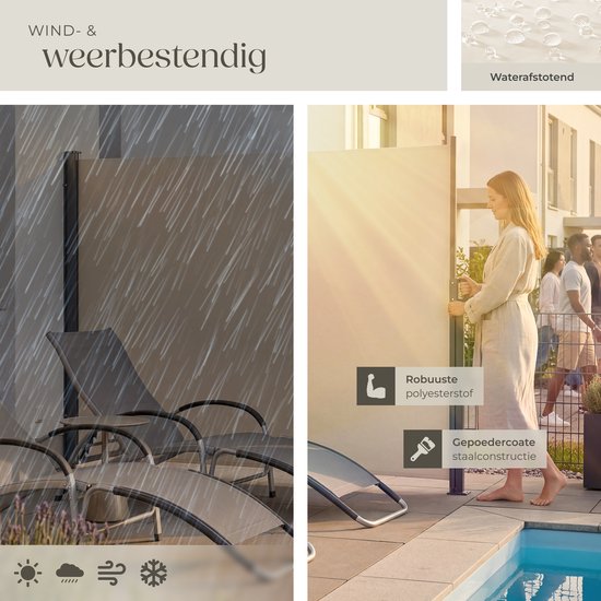 tectake® Ausziehbarer Windschutz mit Aufrollmechanismus – 300 x 180 cm – Seitenmarkise mit Aluminiumrahmen – Sonnenschutz – Gartenschutz – Beigefarbene Balkonmarkise – Undurchsichtiger Sichtschutz – Markisentuch