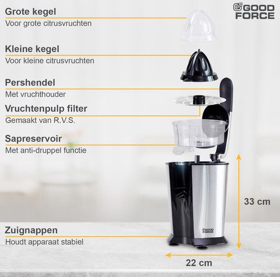 GoodForce Zitruspresse - Elektrische Orangenpresse - Obstpresse - Zitronenpresse - Edelstahl - Pressgriff