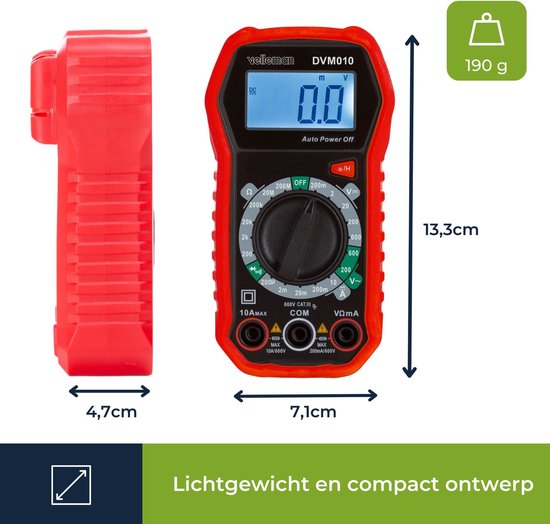 Velleman Digitalmultimeter, geeignet zum Messen von AC/DC-Strom, AC/DC-Spannung, Widerstand, Transistor, Dioden und Durchgang, einschließlich Messleitungen