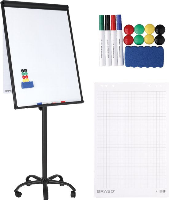 BRASQ Flipchart Mobile - 70x100 cm - Verstellbares Whiteboard - Inklusive 25 Blatt Papier, 4 Marker, 8 Magnete, Radiergummi - Flipchart mit Papierklammer und Haken - Magnettafel - Magnettafel - Schwarz