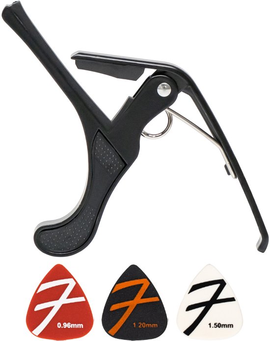 Finesse Universal-Kapodaster mit Plektren – Gitarre – Akustikgitarre – E-Gitarre – Ukulele – Schwarz