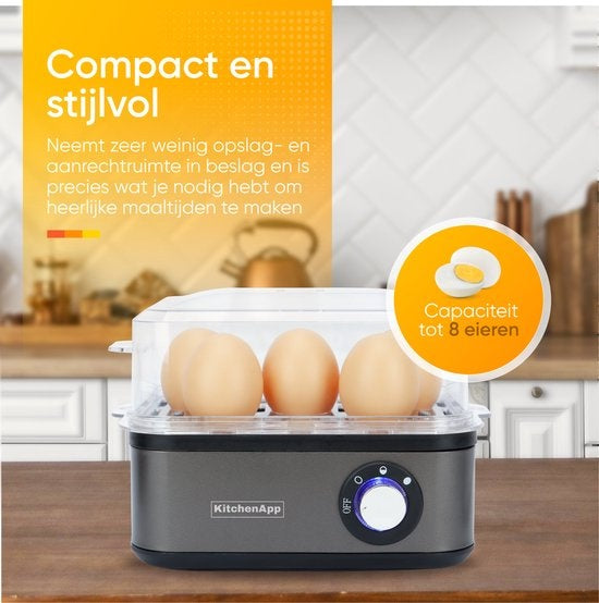 KitchenApp Eierkocher elektrisch - Geeignet für 8 Eier - Mit Zeitschaltuhr - Inklusive Messbecher - Silbergrau