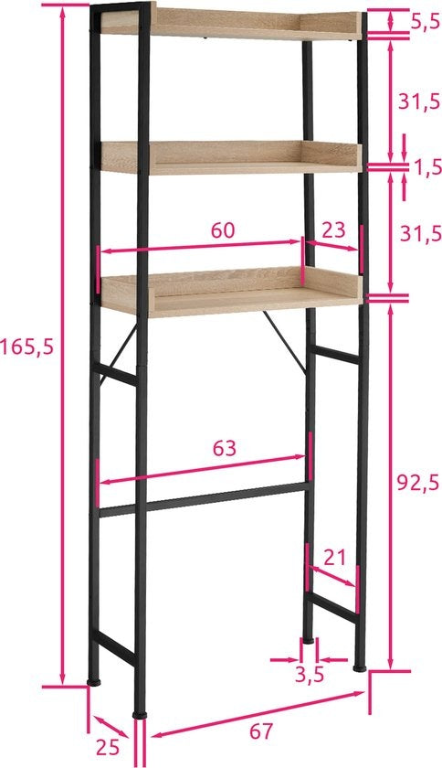 tectake Badregal Seattle 67 x 25 x 165,5 cm Industrielles helles Holz, Eiche Sonoma - 404864