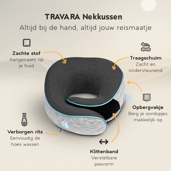 TRAVARA Nackenkissen - Reisekissen - Für Flugzeug - Auto - Memory Foam - Mit Ohrstöpseln - Grau