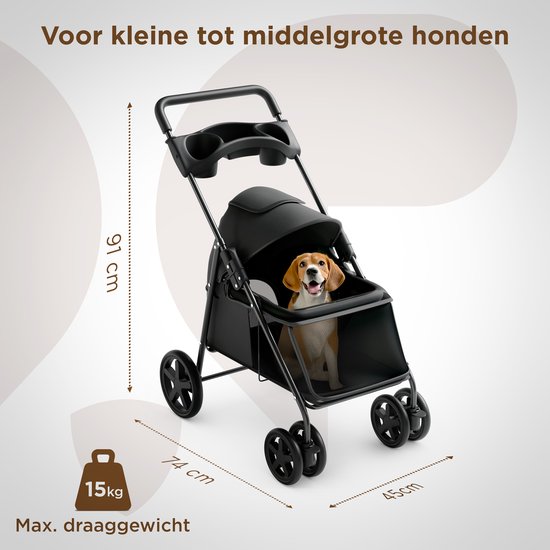 Trevopet® Hundebuggy zusammenklappbar - Kinderwagen - Buggy für kleine und mittelgroße Hunde bis 15 kg - wasserfest mit Becherhalterung - Schwarz