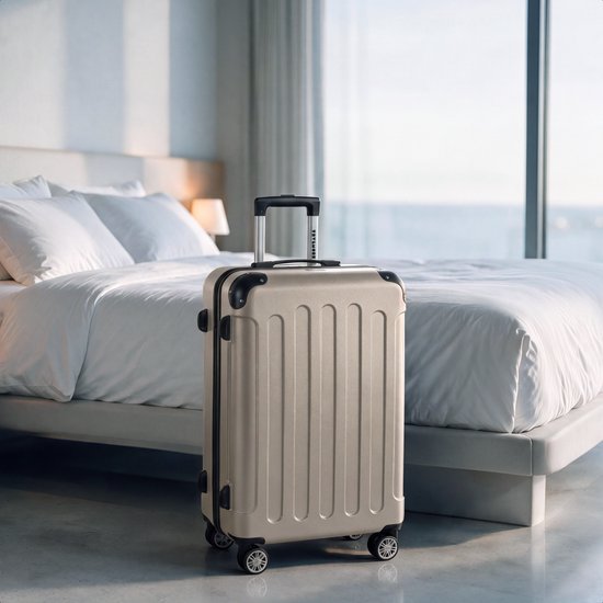 TRVLMORE Reisekoffer 70 l – Hartschalenkoffer aus ABS – 360°-Rollen – Zahlenschloss – Champagner