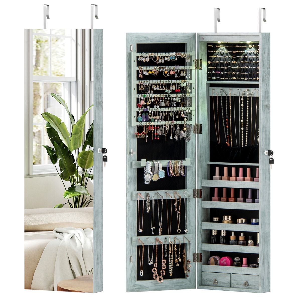 Coast Schmuckschrank mit LED-Beleuchtung – abschließbarer Spiegelschrank – ausklappbares Schminktablett – grün – 120 x 35,5 x 10 cm