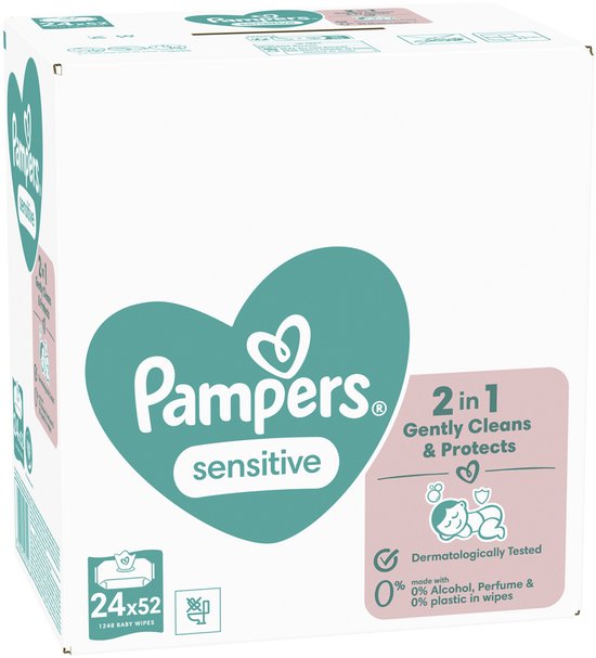 Pampers Sensitive Feuchttücher – 2-in-1: Sanfte Reinigung & Schutz – 0 % Kunststoff in den Tüchern – 24 Packungen à 52 Tücher = 1248 Babyfeuchttücher