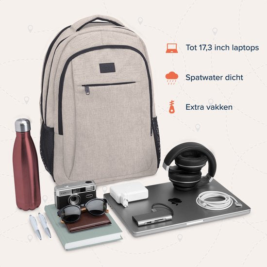 TRVLMORE Rucksack - 36L - 17.3 Zoll - Laptop-Rucksack mit USB - Schultasche - Herren und Damen - Tasche Champagner