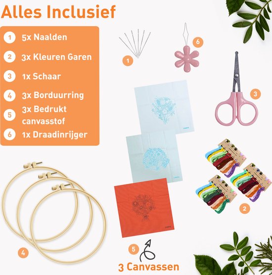 Happy Goods - Stickset Blumen - Stickset 3er Set - Sticksets für Erwachsene - Hobby und Kreatives - Sticken