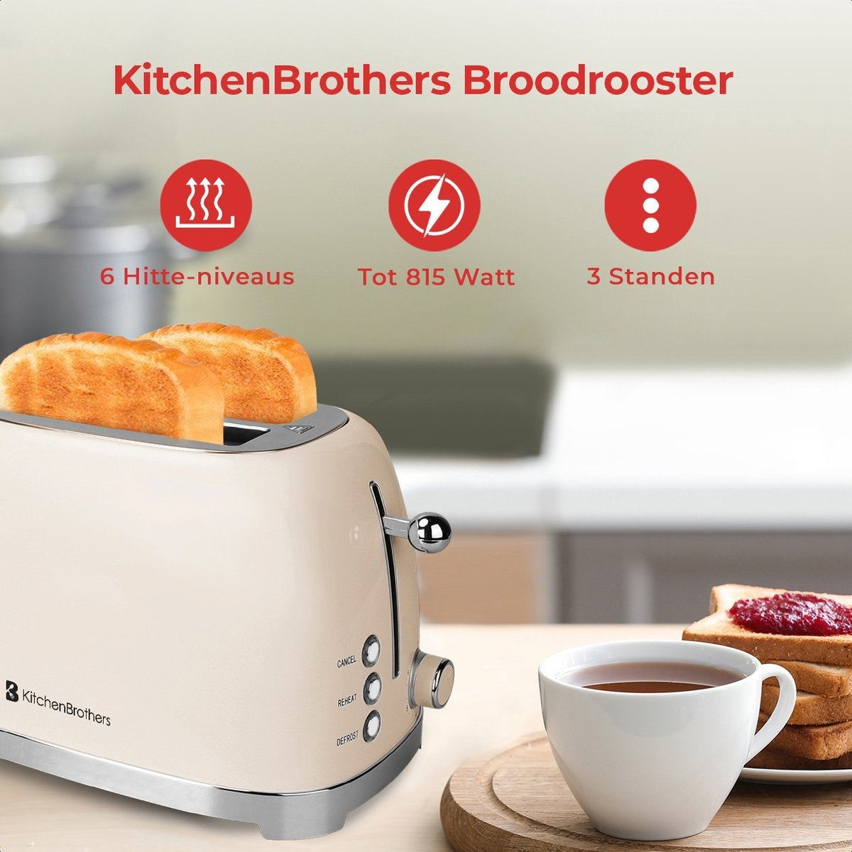 KitchenBrothers Retro-Toaster - 6 Heizstufen - 2 extra breite Schlitze - 1630W - Aufwärm- und Auftaufunktion - Beige