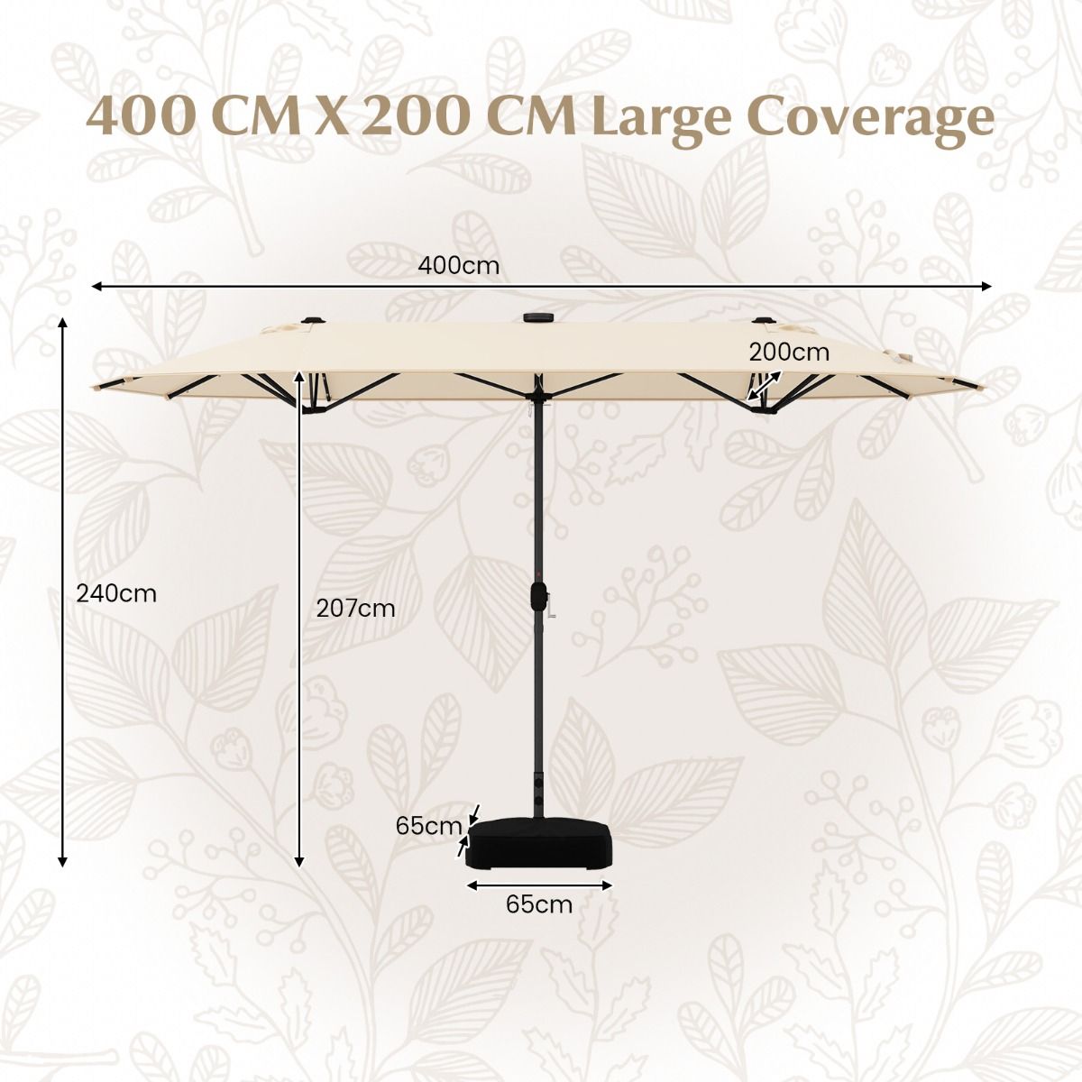 Coast Doppelter rechteckiger Garten-Sonnenschirm 400 x 200 cm - Beige, mit 36 Solar-LEDs und Kurbel