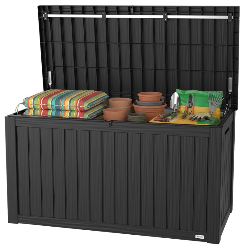 LifeGoods Cushion Box L - Kunststoff - 570L - Gasdruckfeder - Wetterfest - XXL Aufbewahrungsbox - Dunkelgrau