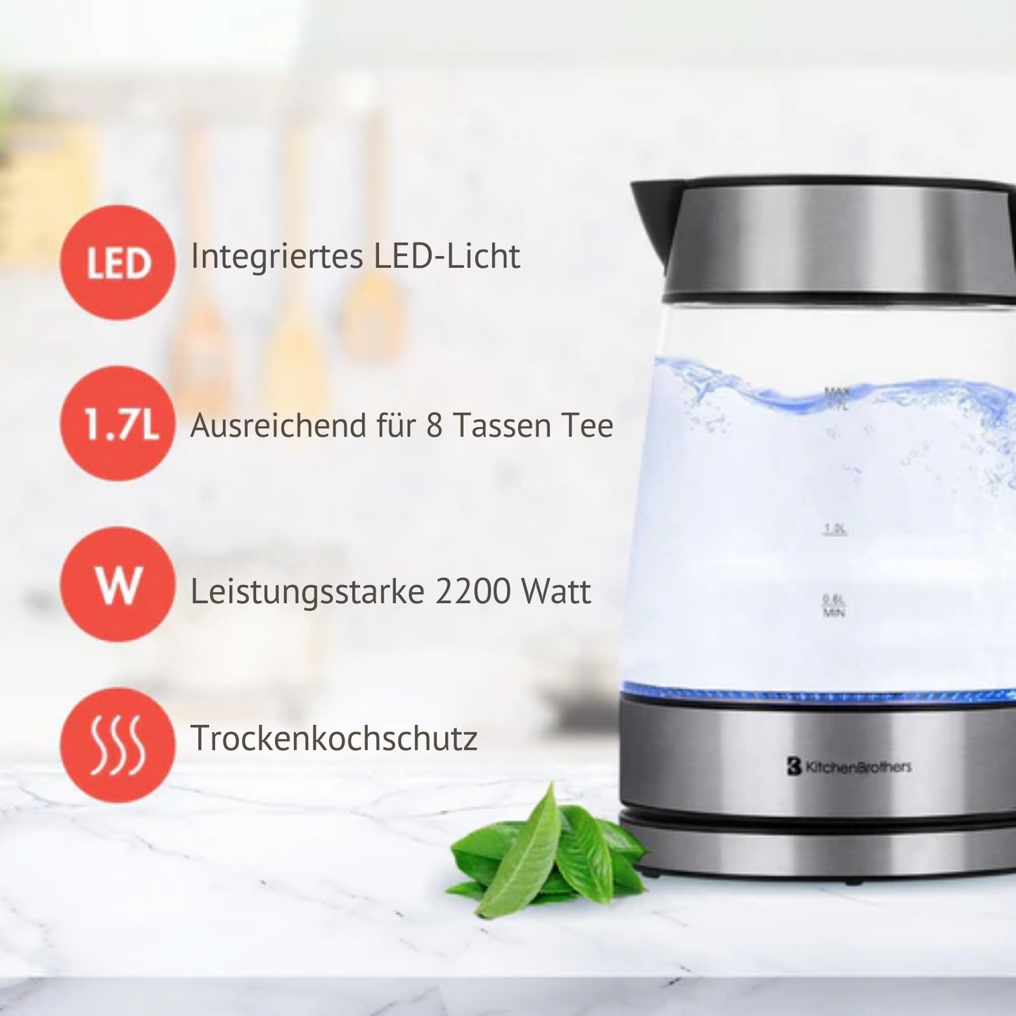 KitchenBrothers - Elektrischer Wasserkocher - Retro - 1,7L - mit Filter - 2200W - Glas - rostfreier Stahl