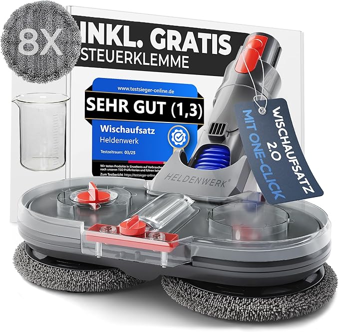 HELDENWERK Moppaufsatz für Dyson V6 Staubsauger, Dyson Zubehör, Moppaufsatz, elektrischer Bodenwischer mit Wassertank, Nachfüllbehälter und 8 waschbaren Mopps