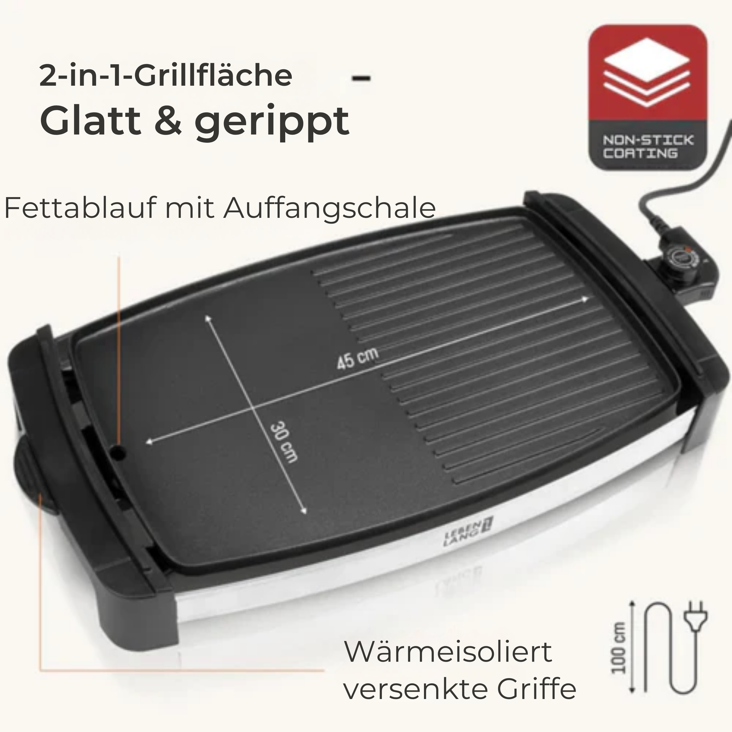 LEBENLANG Elektro-Grillplatte - 2000 Watt - 4 bis 8 Personen - Für drinnen & draußen - 32,1 x 54,5 x 6,5 cm - Schwarz