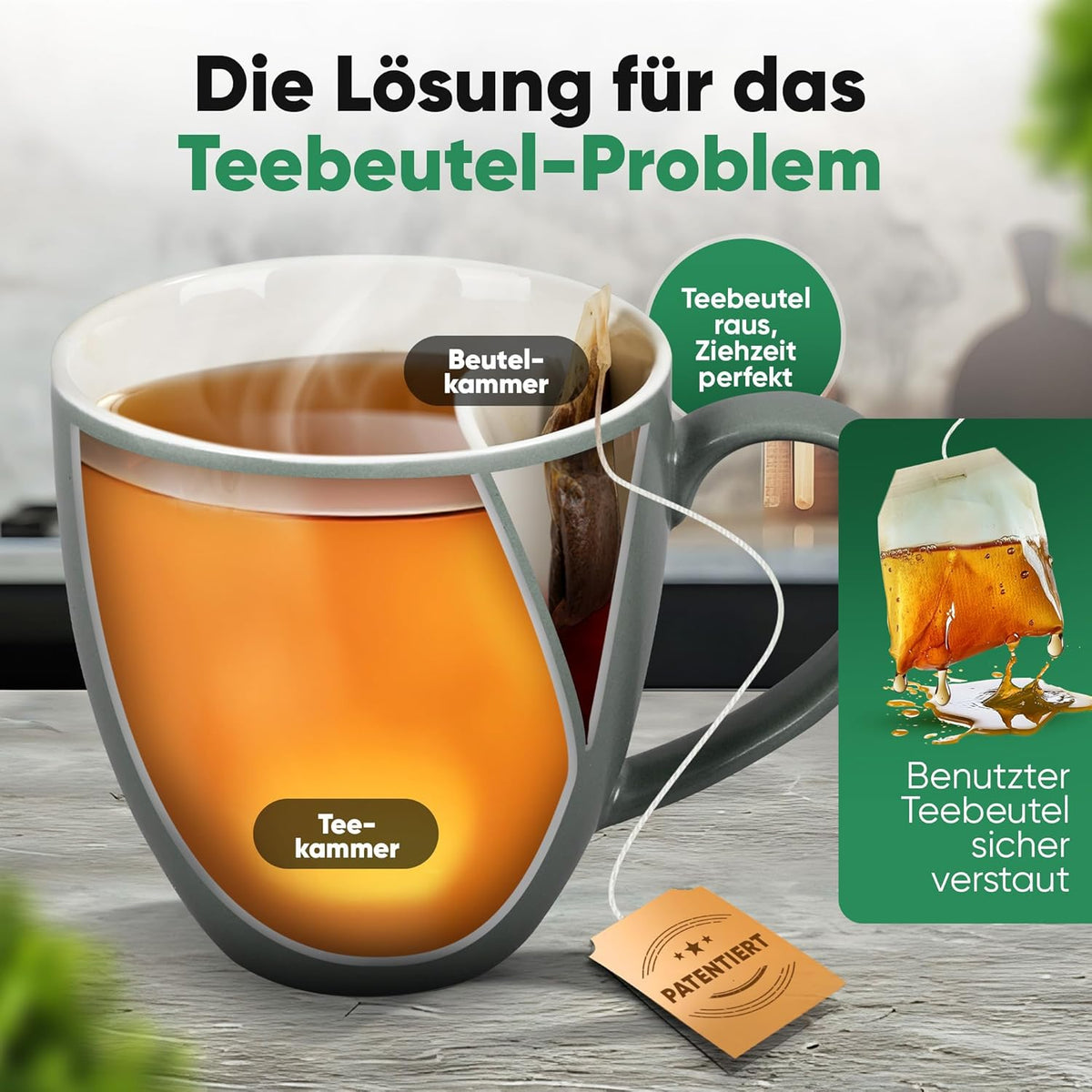 Neighbour's Friend Patentierte Teetasse grau Geschenk Box I Keramik Tasse groß 325ml I Teebecher Steingut I Keramiktasse für Tee I Spülmaschinengeeignete Teetassen I Modernes Design für Teetrinker
