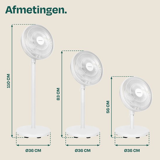 VONROC Bodenventilator – 3 Geschwindigkeitsstufen – inkl. Fernbedienung – Timer – in 3 Höhen verstellbar – weiß