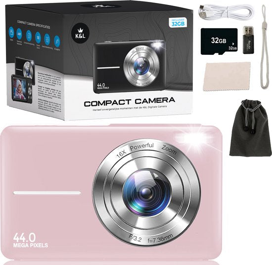 K&L Digitalkamera – Fotokamera – Kompaktkamera – Vlog-Kamera – Für Kinder – Inklusive 32 GB – Rosa