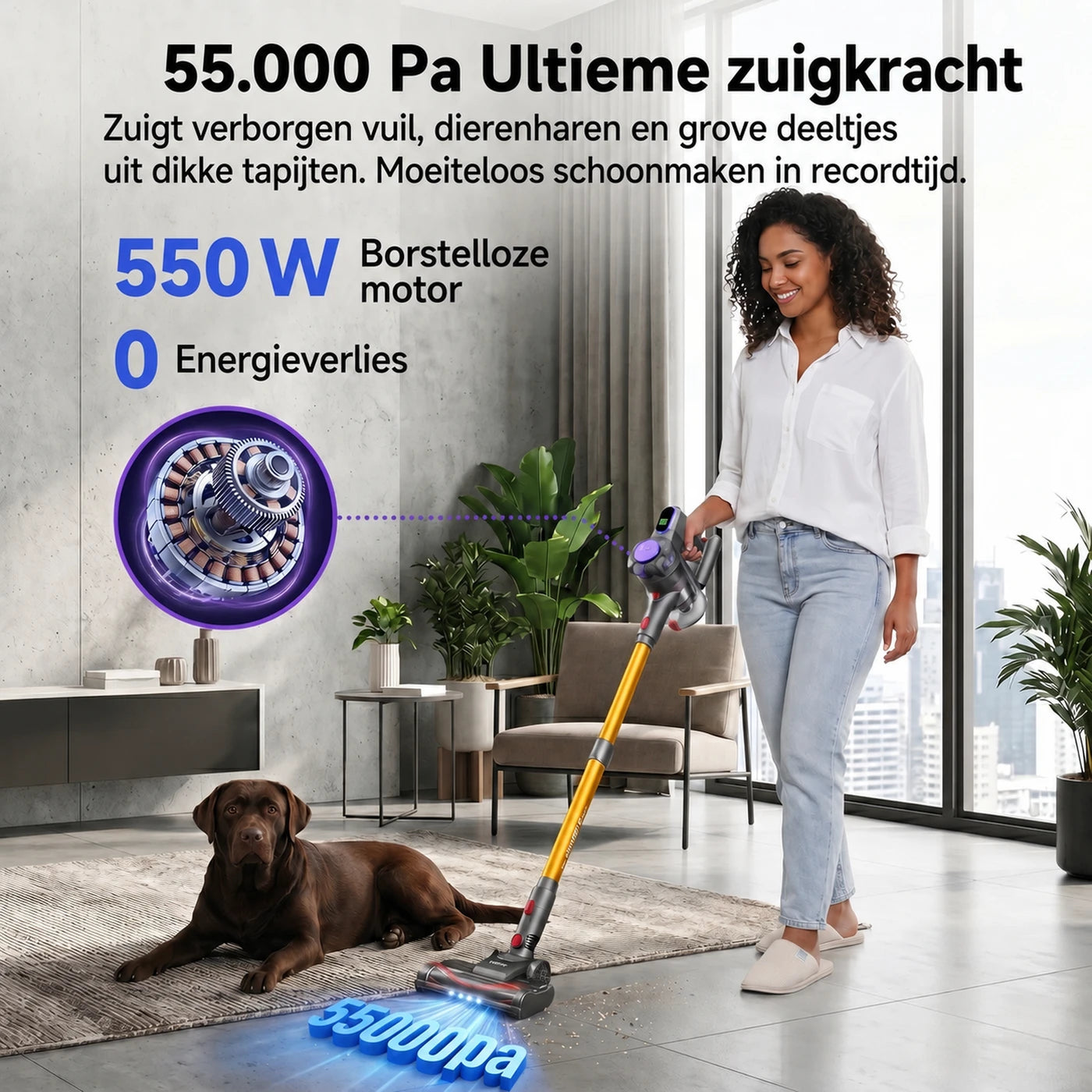 Monsga ME03 Kabelloser Stabstaubsauger – 550 W – 55 kPa – 55 Min. Laufzeit – 1,2 kg – Anti-Verfilzungsbürste – Herausnehmbarer Akku – Grünes Kontrolllicht