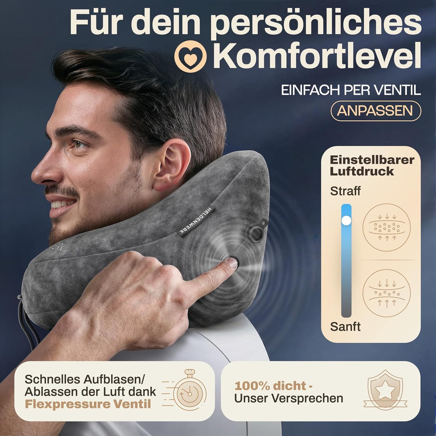 Heldenwerk Premium Air Aufblasbares Nackenkissen – Dunkelgrau – Größe S – Inklusive Kapuze und Ohrstöpseln