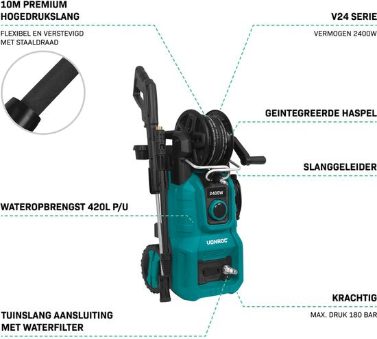 VONROC Hochdruckreiniger V24-1 - 2400W - 180 bar - Inkl. 10m Premium-Schlauch und Zubehör