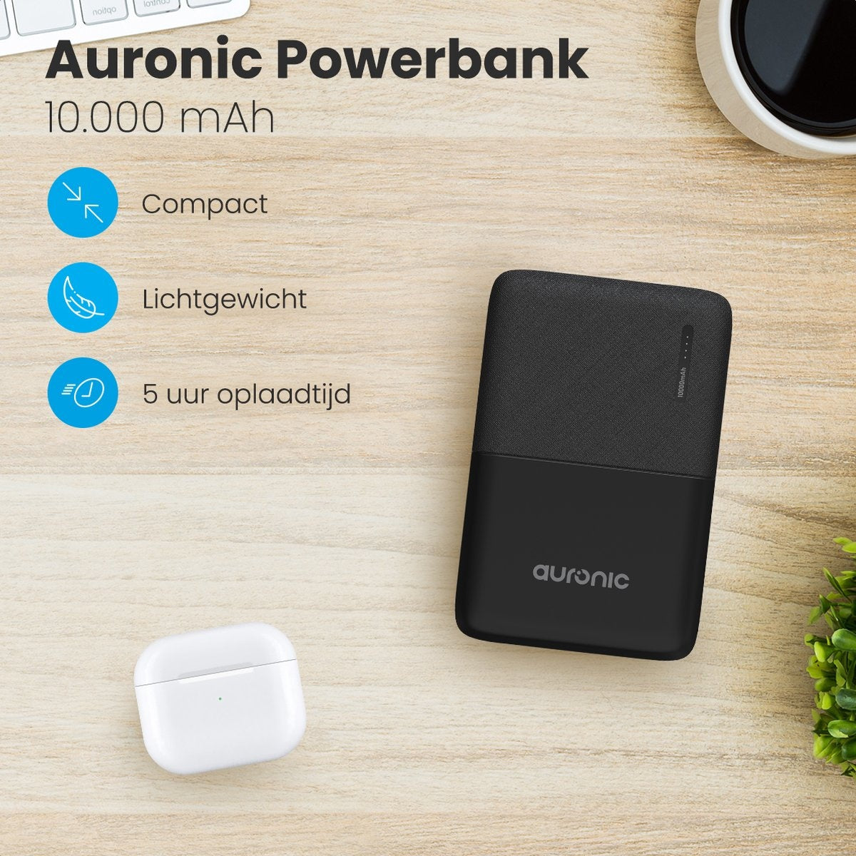 Auronic Powerbank - 10.000 mAh - 4 Anschlüsse - 2,4A USB/Micro-USB/USB-C - Inkl. Kabel - Schwarz