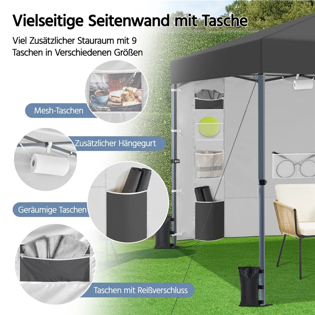 Yaheetech Partyzelt – 3 x 3 m – mit Seitenwand – höhenverstellbar von 171 bis 266 cm – wasserdicht – dunkelgrau