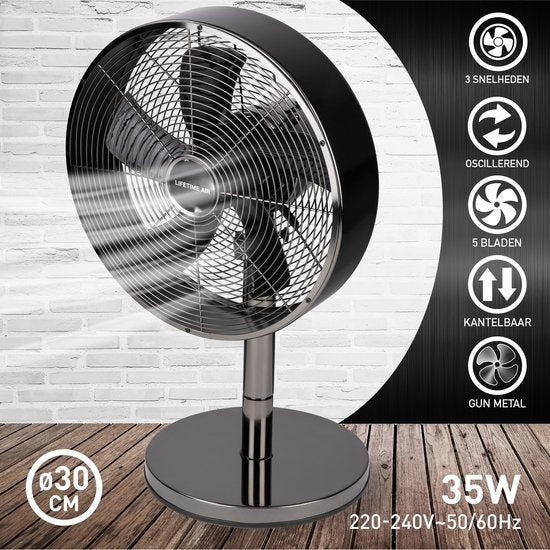 Lifetime Air Tischventilator - 230V - Tischventilator 30CM - 3 Geschwindigkeiten - Oszillationsfunktion - Neigbar - Schwarz