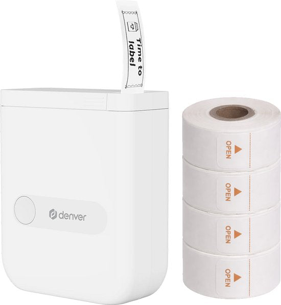 Denver Etikettendrucker – Bluetooth – Verbindung mit Smartphone – 15 x 40 mm – inkl. 4 Etikettenrollen – MBP16