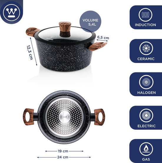 Westinghouse - Kasserolle - Ø 24 cm - Induktion - PFOA-frei - Inklusive Deckel - Schwarzes Marmorholz