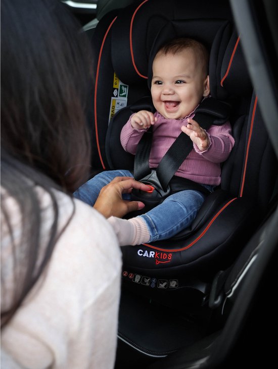 Carkids i-Size-Kindersitz Darcy – Entspricht der Norm i-Size R-129 - Um 360° drehbar - Für Kinder von 40 bis 150 cm - Isofix- und Top-Tether-Befestigung - Verstellbare Kopfstütze und Rückenlehne – Schwarz/Rot