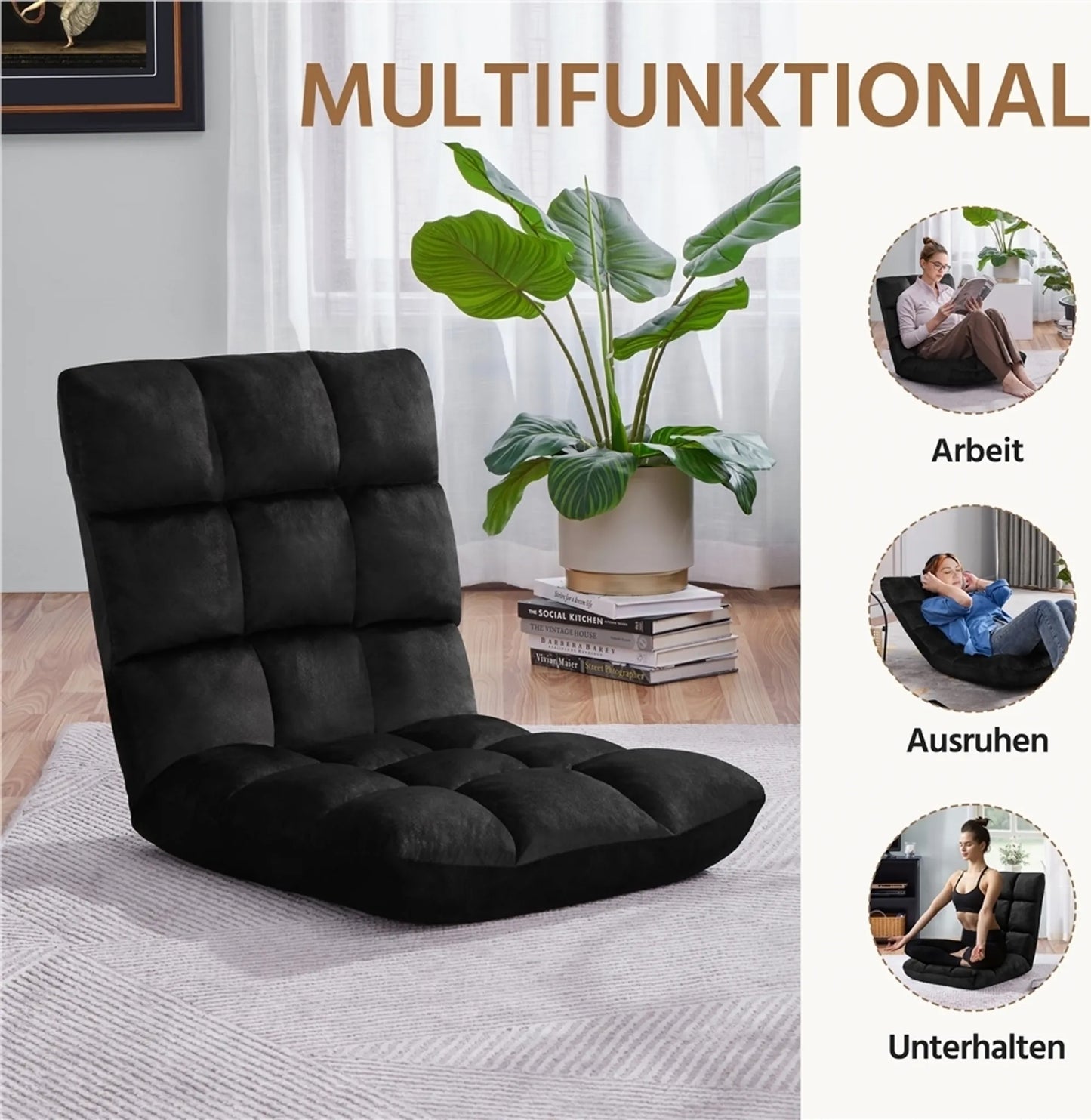 Yaheetech Boden Stuhl enthält 14 verstellbare Ständer - Features High Density Foam und robuste Metallrahmen und weichen Plüsch Stoff - für Wohnzimmer und Spielzimmer - Schwarz Polyester - 111,5 x 53 x 14 cm