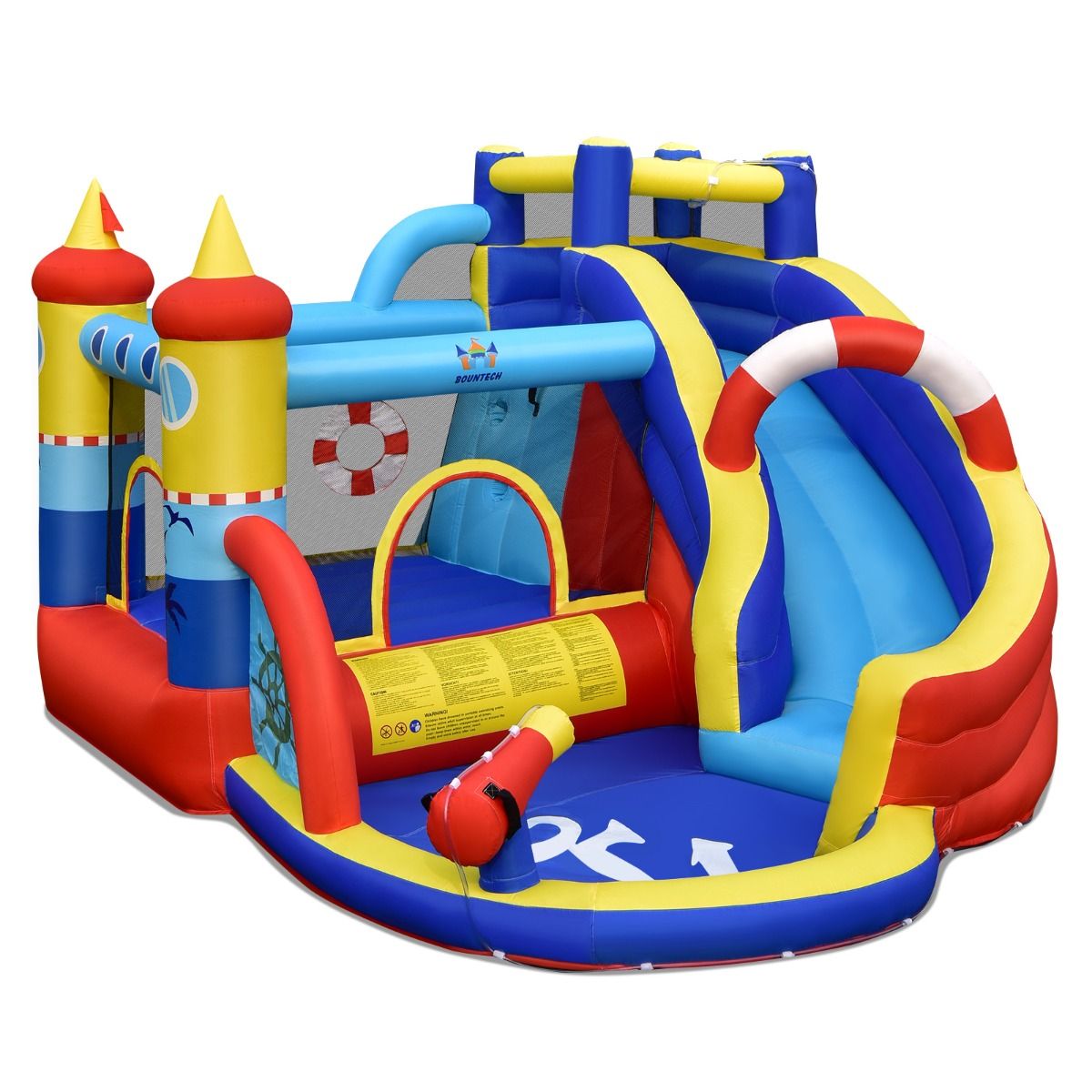 Coast Aufblasbare Spielburg „Piratenschiff“ – 5-in-1-Wasserpark mit Rutsche und Kletterwand – inklusive Wasserpistole und Ventilator – 360 x 290 x 200 cm