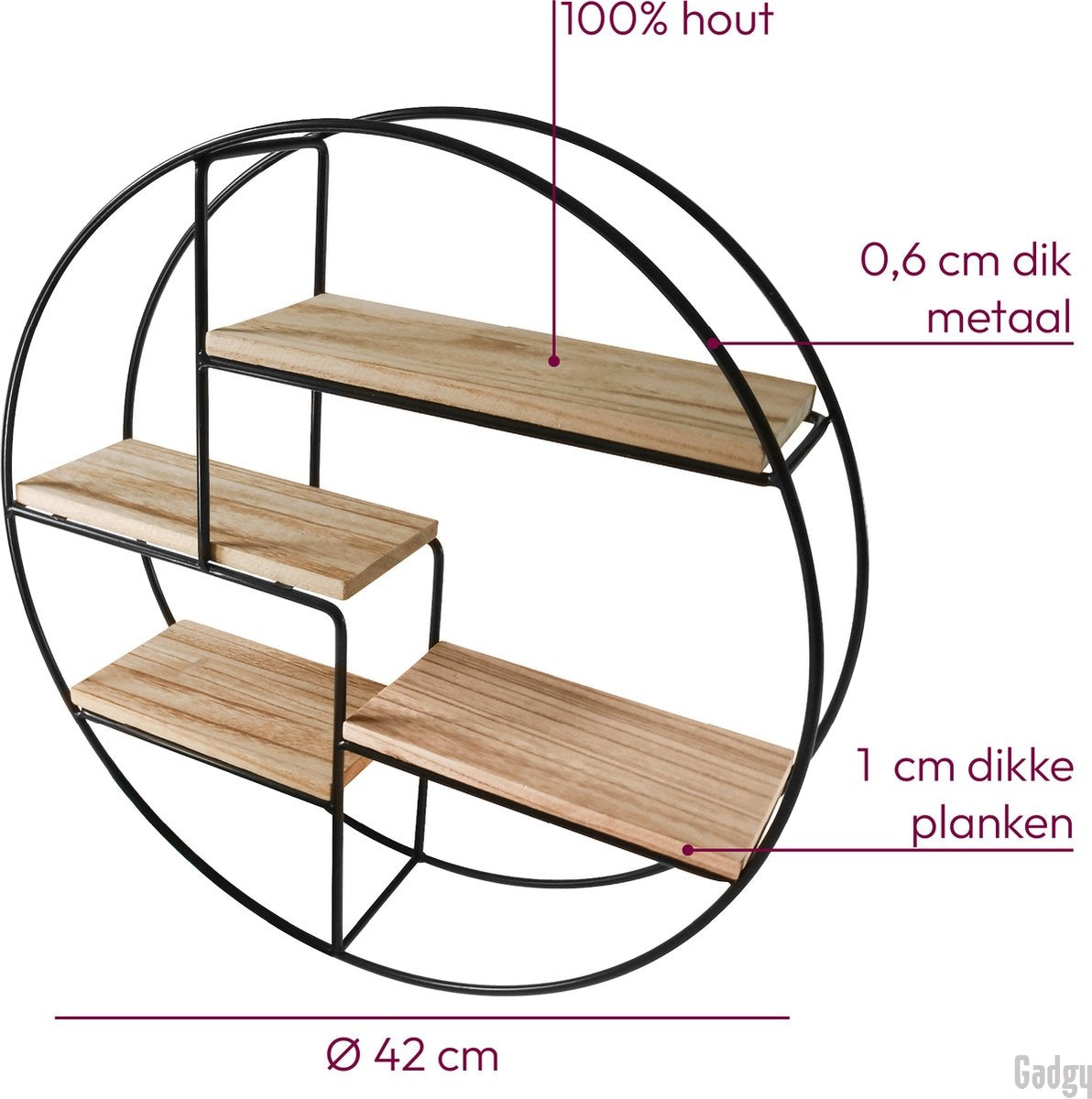 Gadgy - Wandregal Industrial - Rund mit 4 Holzböden - Ø 42x10 cm - schwarz/Holz
