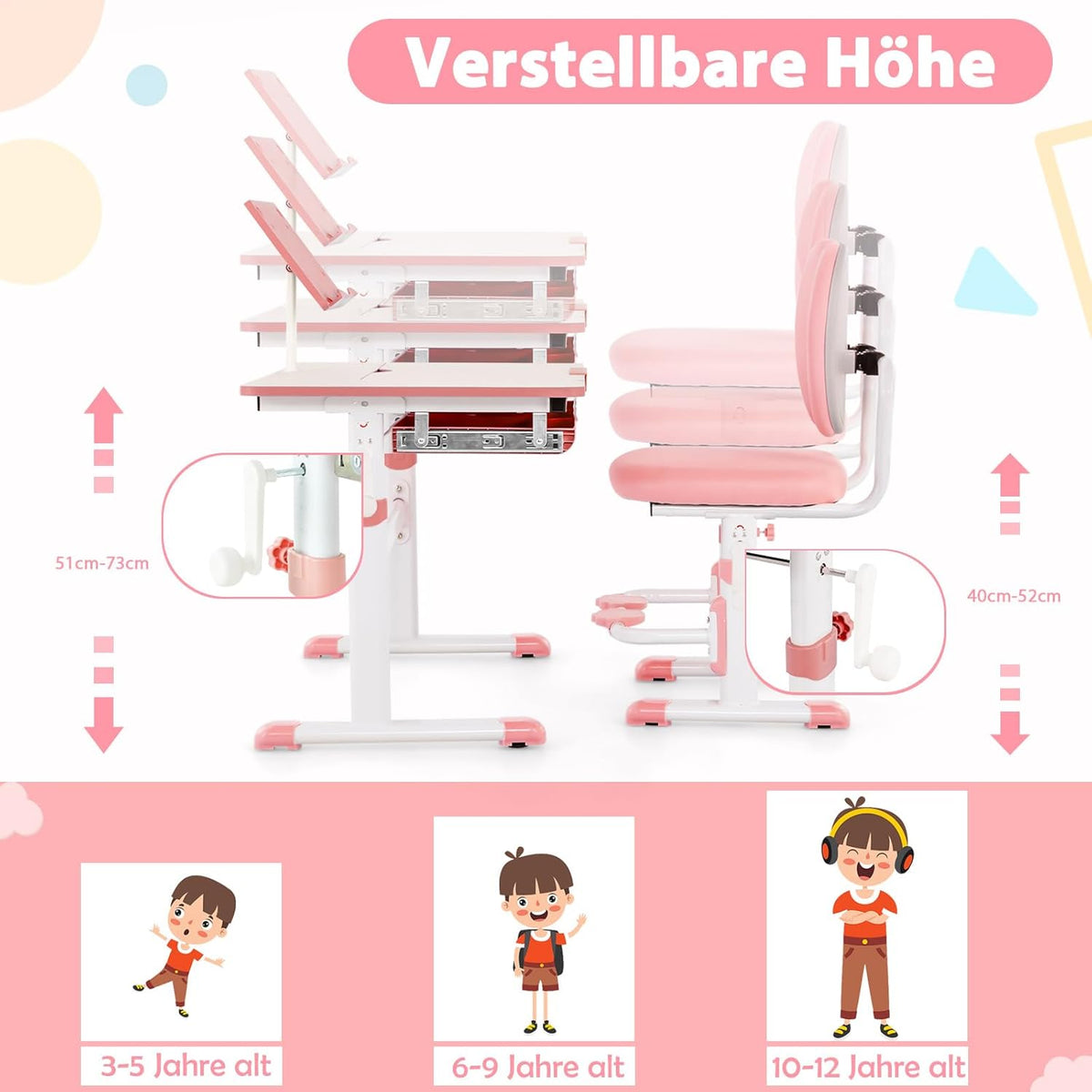 Coast Kinderschreibtisch mit Stuhl - Höhenverstellbar - Max. 110 kg - 80 x 52 x 73 cm - Rosa