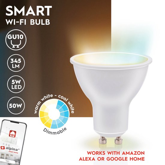 Alpina Smart Home LED-Lampe - GU10 - 5W - 470lm - Warm- und Kaltweiß - dimmbar - App- und Sprachsteuerung - funktioniert mit Alexa und Google Home