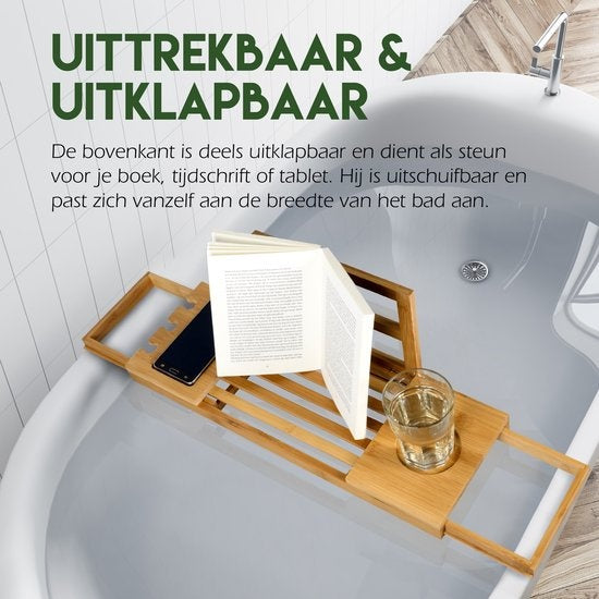 Badewannenbrett für die Badewanne - Badewannenständer - Ausziehbar 50-92cm - Tablet-Halter - Bambus