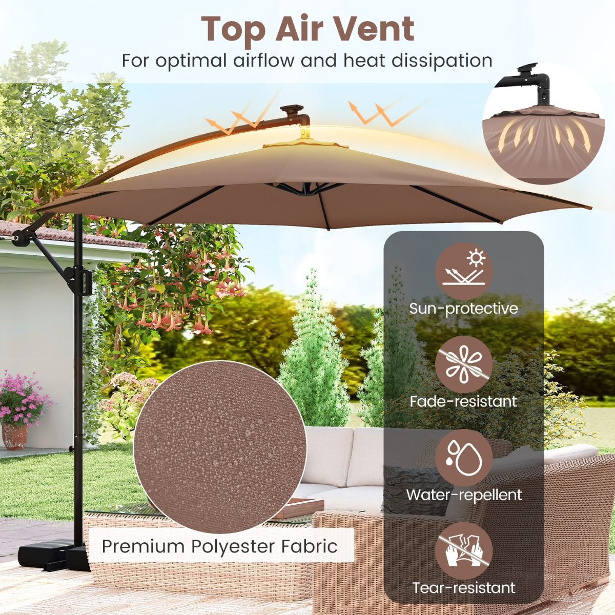 Coast Schwebeparasol mit LED-Beleuchtung – 9 Leuchtmodi – mit Sandsäcken und Pendel – braun – 300 x 260 cm