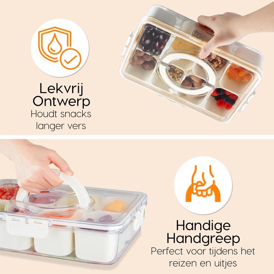 Posity Snack Box - Snack Box mit Fächern - Mit Deckel und Griff - 8 Fächer - Unterwegs - Aufbewahrungsbox - Kunststoff - Weiß