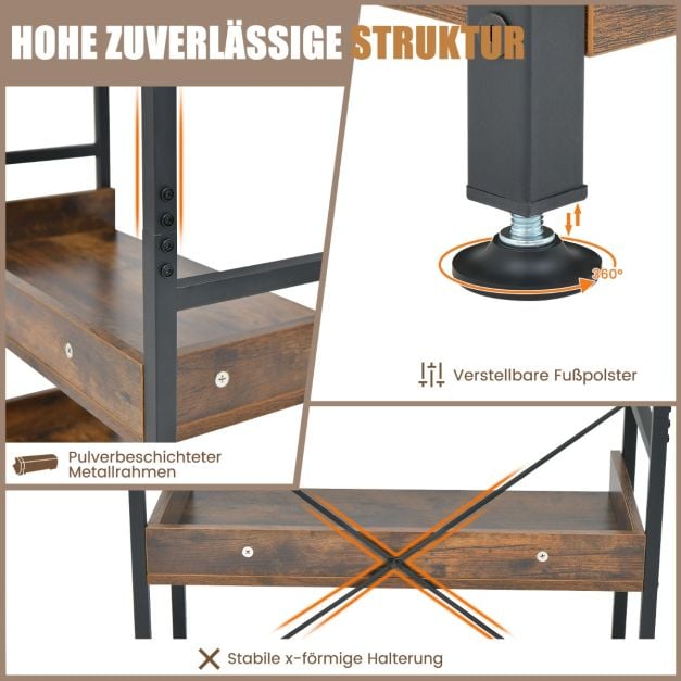 Coast Industrielles Bücherregal mit 6 Einlegeböden und 4 Haken – 69 x 34 x 177 cm – Braun und Schwarz