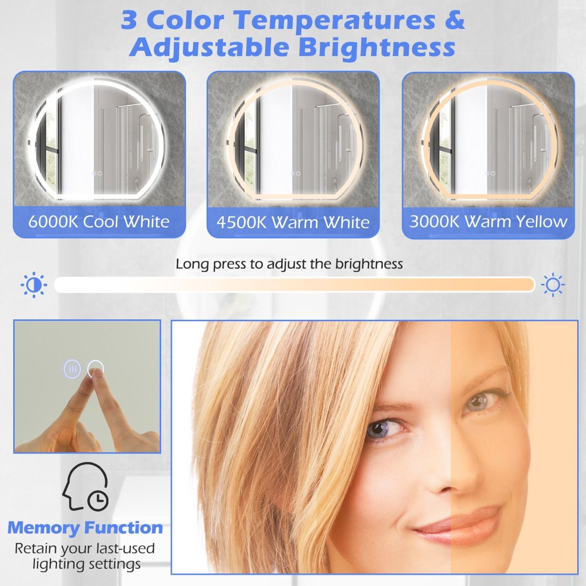 Coast 60 x 54 cm LED-Badezimmerspiegel Runder Wandspiegel Silber mit dimmbarer 3-Farben-Beleuchtung, Anti-Beschlag und Memory-Funktion