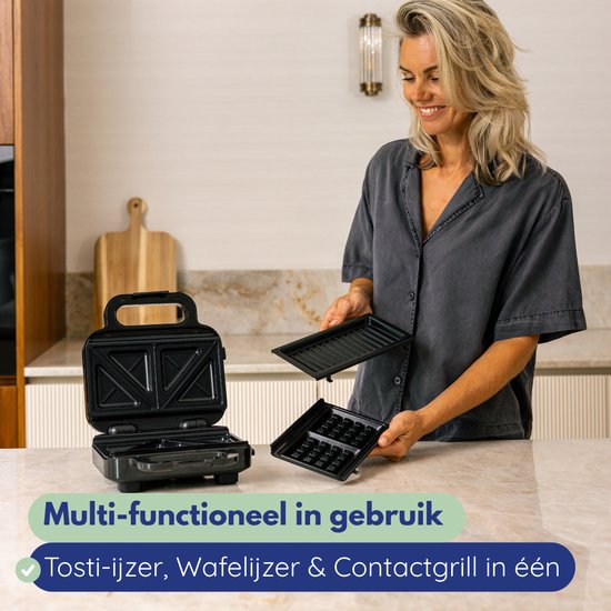 Safecourt Kitchen Toaster - 3-in-1 Toaster, Waffeleisen & Kontaktgrill - PFAS-frei - Spülmaschinenfest - Kompakt - Schnell heiß - Schwarz