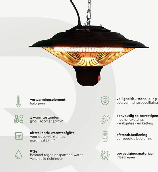 BRASQ Elektrischer Terrassenheizer Pendant PHC100 - Infrarotheizung 1500W - mit Fernbedienung - 3 Heizstufen - für den Innen- und Außenbereich - spritzwassergeschützt - Schwarz