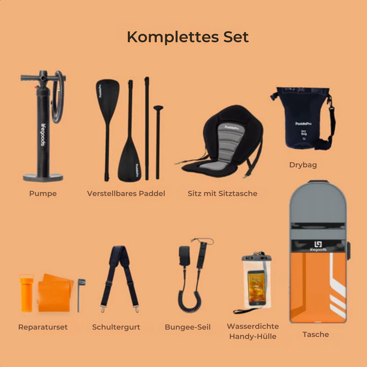 LifeGoods SUP Board - Deluxe Set - Mit Sitz - Aufblasbares Paddle Board - Max. 135KG - 320x81cm - Orange