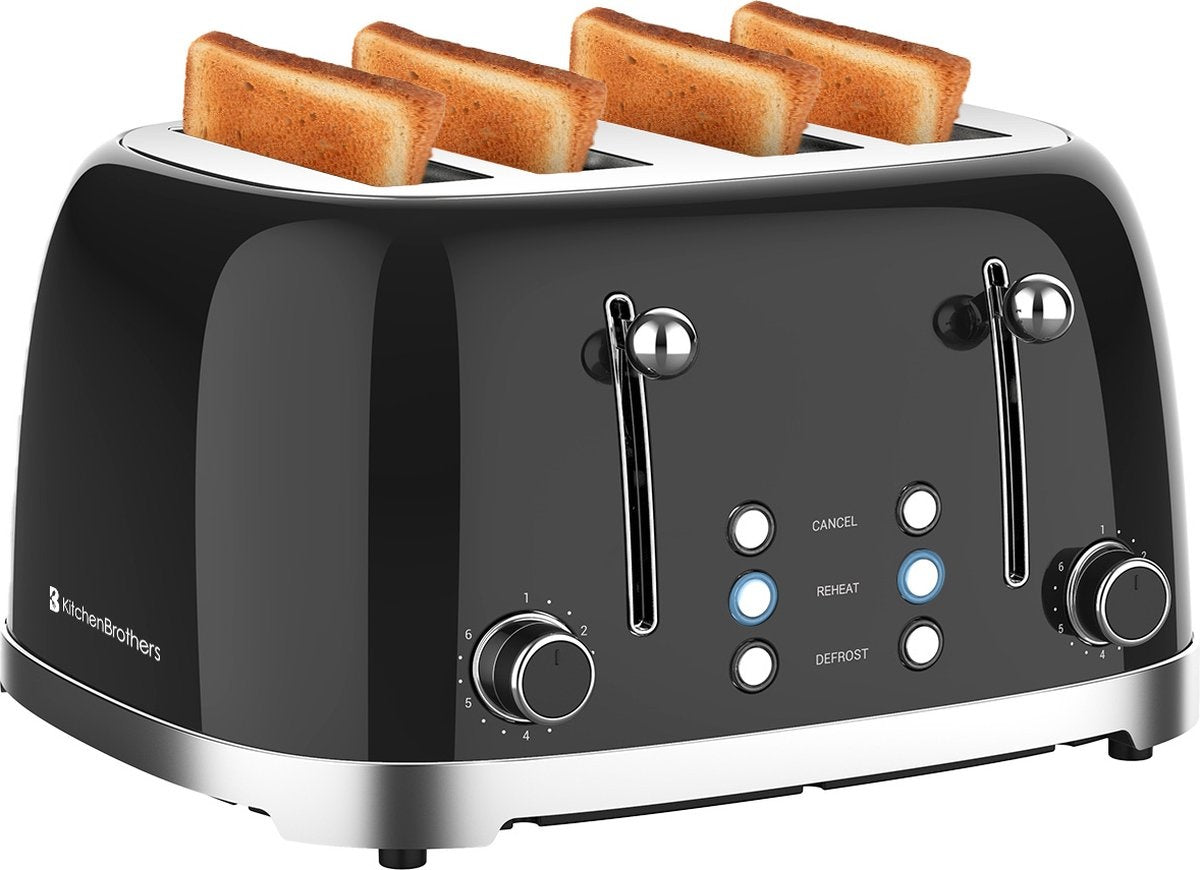 KitchenBrothers Retro-Toaster - 6 Heizstufen - 4 extra breite Schlitze - 1630W - Aufwärm- und Auftaufunktion - Schwarz