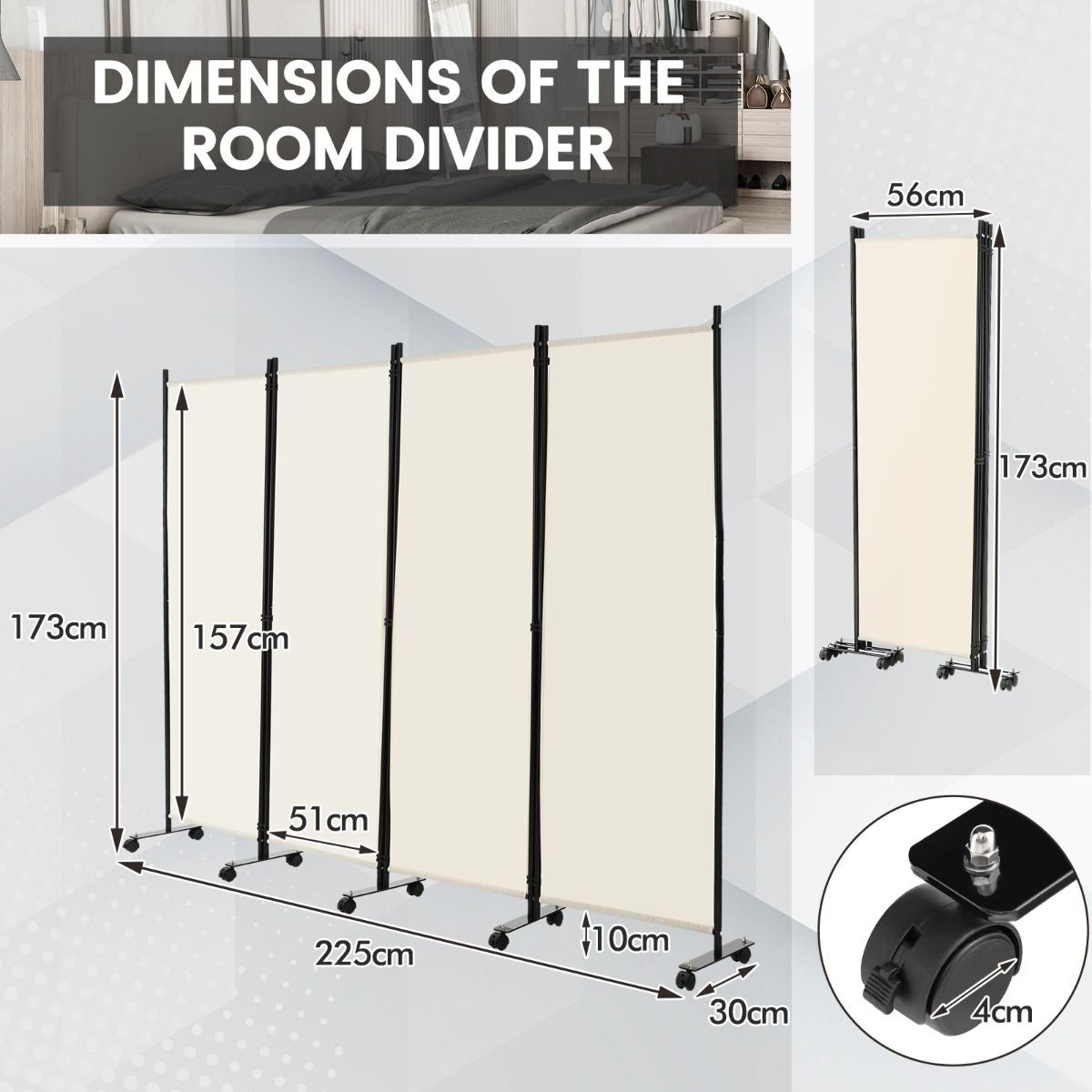 Coast Trennwand - 4-teilig - auf Rädern - faltbar - 225 x 173 cm - weiß