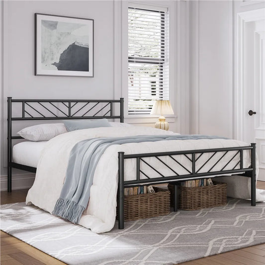 Yaheetech Metallbettgestell 140 x 200 cm – Schwarz – Doppelbett mit Lattenrost und hohem Kopfteil